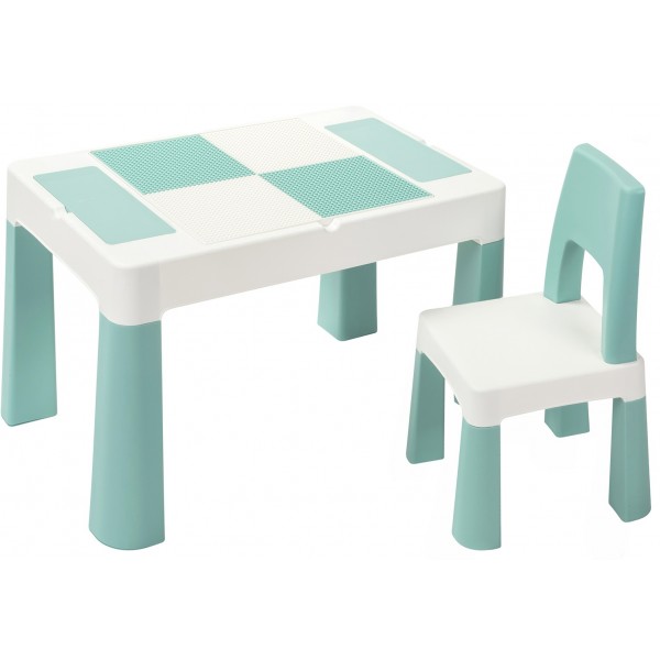 Дитячий багатофункціональний столик та стільчик LAMOSA 5 в 1 пастельно-блакитний, регулюється по висоті, з поверхнею для конструктора